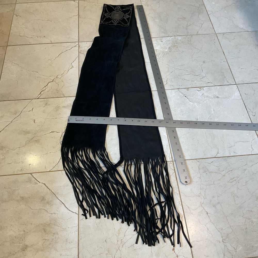 Black suede tie belt with gold stud work and fringe by (N)ine, Handmade, NWOT - Picture 6 of 10